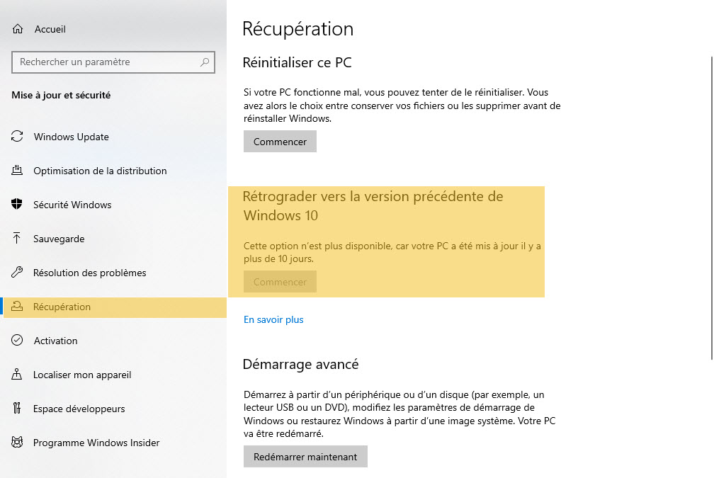 Rétrograder Windows 10